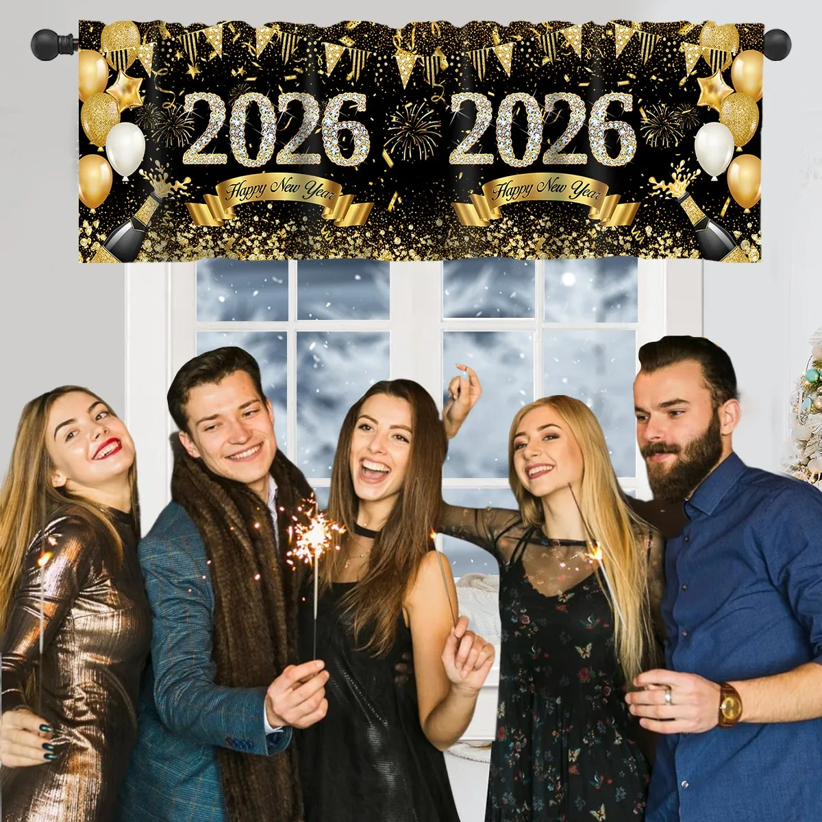 2026 سنة جديدة سعيدة ستائر قصيرة الستائر الألعاب النارية والبالونات علاجات النوافذ زينة السنة الجديدة للحمام المطبخ المنزلي #5
