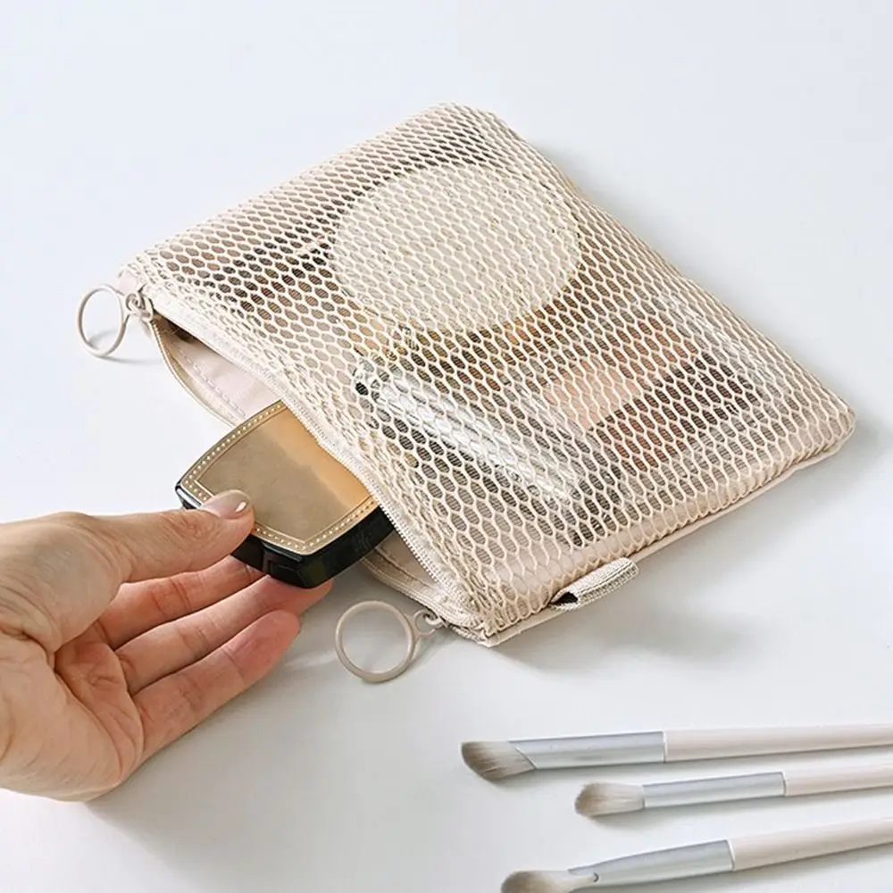 Multi-purpose Storage Bag Beige Mesh Material Mesh Cosmetic Bag Lightweight Design Zipper Closure Coin Purse Sundries Storage