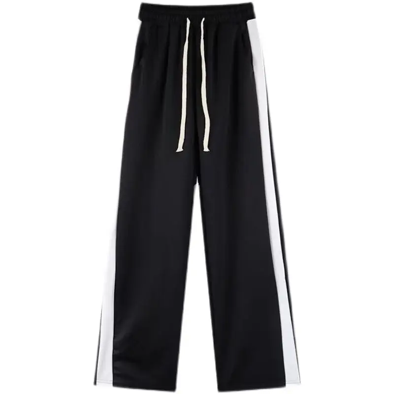 Imagem -05 - Tendência Coreana Cordão de Cintura Alta Sweatpants Femme Casual Primavera Outono Lado Listra Retalhos Bolsos Solto Perna Larga