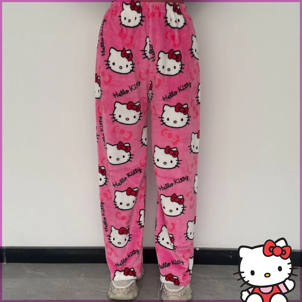 Christmas Hello Kitty Pajamas Pants Halloween Flannel Fashion Trousers for Women Kawaii Anime Cartoon Y2K Casual Homewear