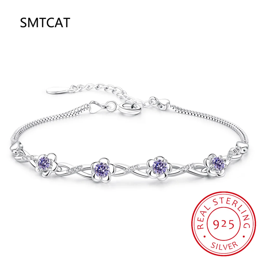 Flower Natural Amethyst 925 Sterling Silver Infinity Love Bracelet for Women Purple Gemstone Statement Jewelry Pulseiras Prata