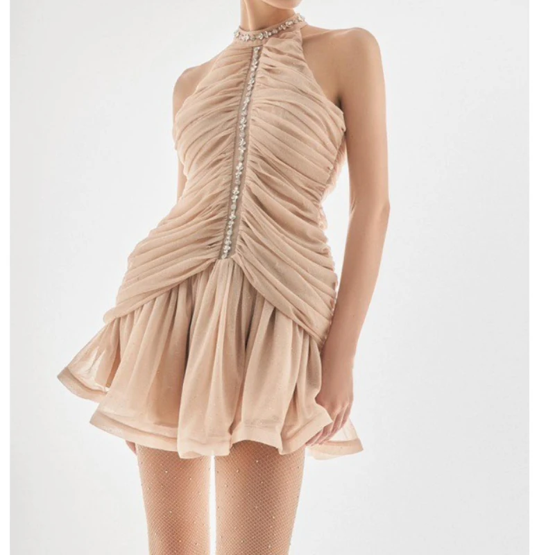 

Fashion Elegant Dress 2025 Spring and Autumn Sleeveless Pleated Party Style Short Women's Dress