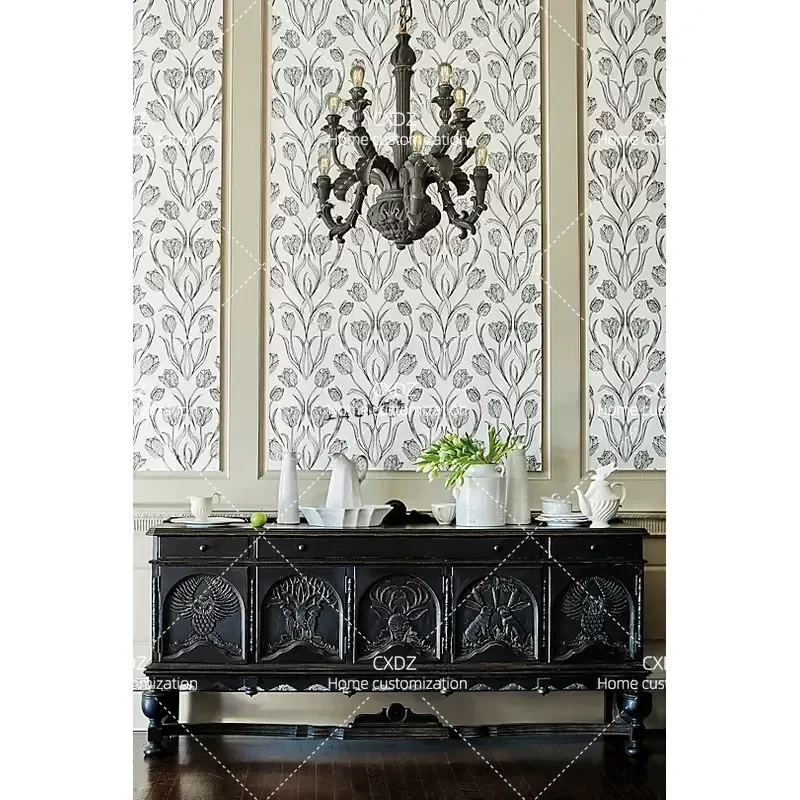 Retro Solid Wood Sideboard with Carved Animal Motifs Country Style Dining Room Storage Cabinet Living Room Porch Locker