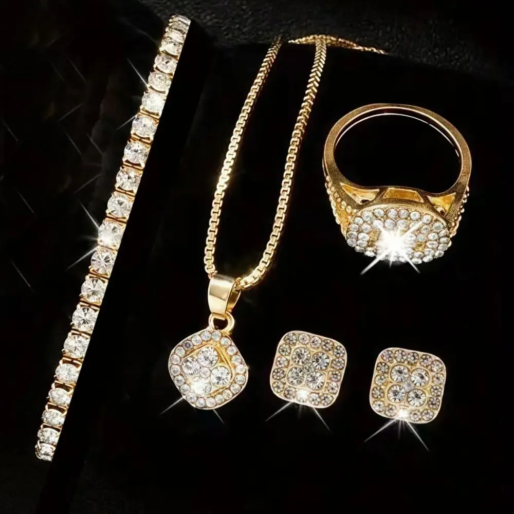 6 قطعة ساعة كوارتز نسائية فاخرة من حجر الراين مع سوار من حجر الراين وقلادة وخاتم وأقراط مجموعة مجوهرات عصرية للارتداء اليومي