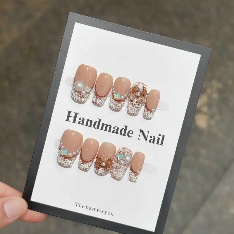 

10pcs Handmade Nails - Fall/Winter New Arrivals Classic 3D Melange Wool Fabric Press-On Nail Perfect Gifts for Women and Friends