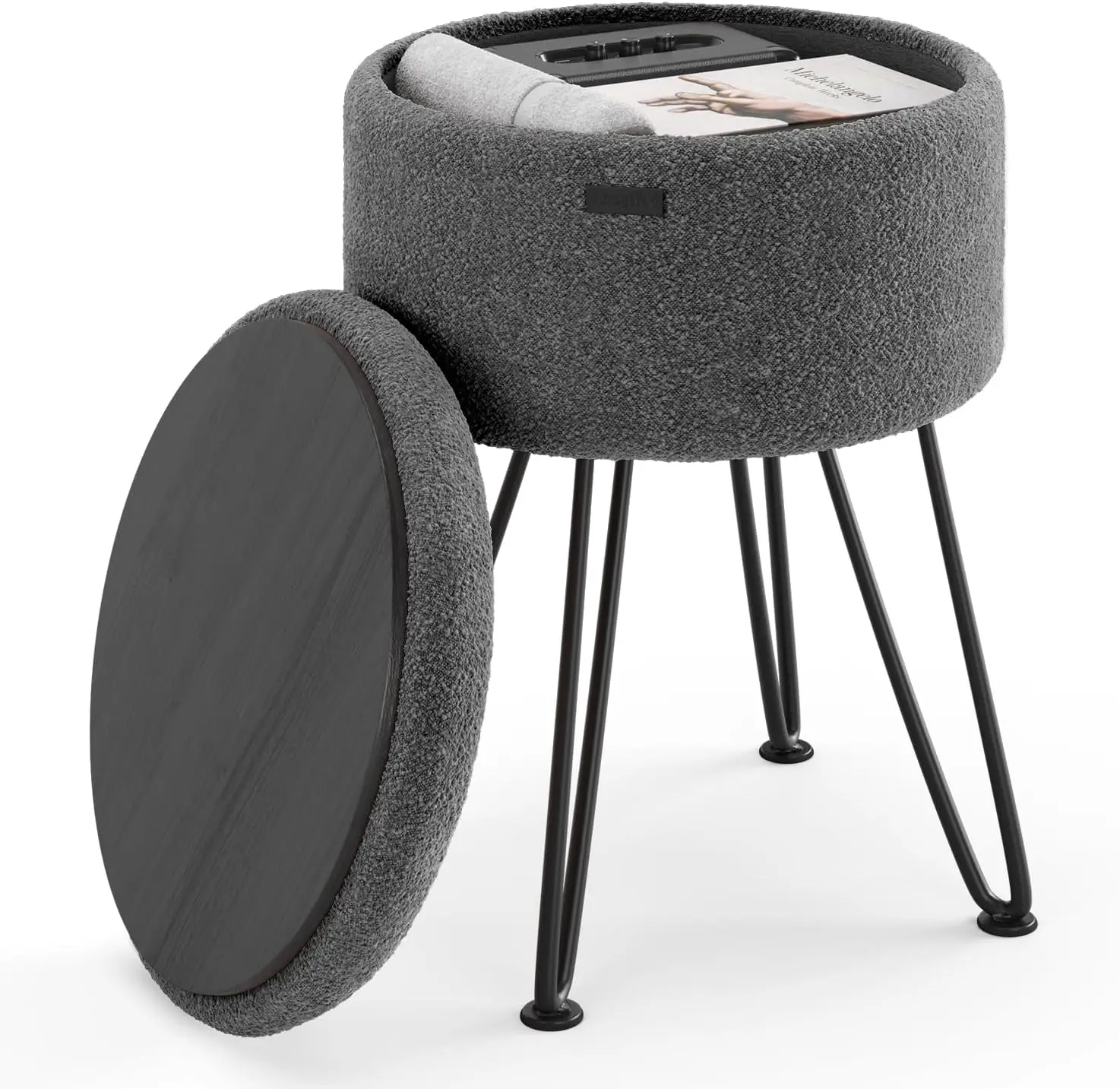 

Круглый пуф-оттоманка с отсеком для хранения, пуф-оттоманка из ткани букле, подставка для ног, табурет для макияжа, маленький пуф-оттоманка, современный V-образный пуф-оттоманка