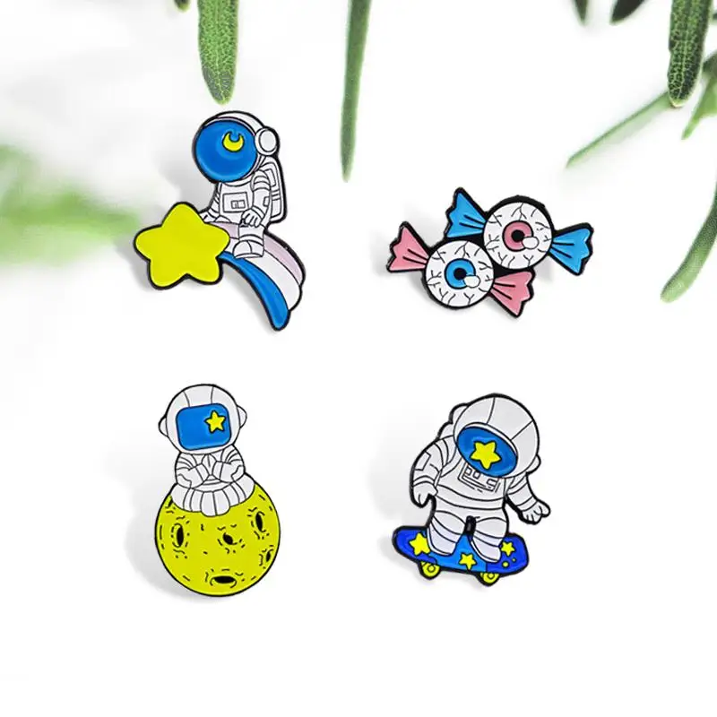 Enamel Pins Star Meteor Moon Planet Rainbow Skateboard Candy Eyeball Brooches Badge Lapel for Kids Jewelry Outer Space Astronaut