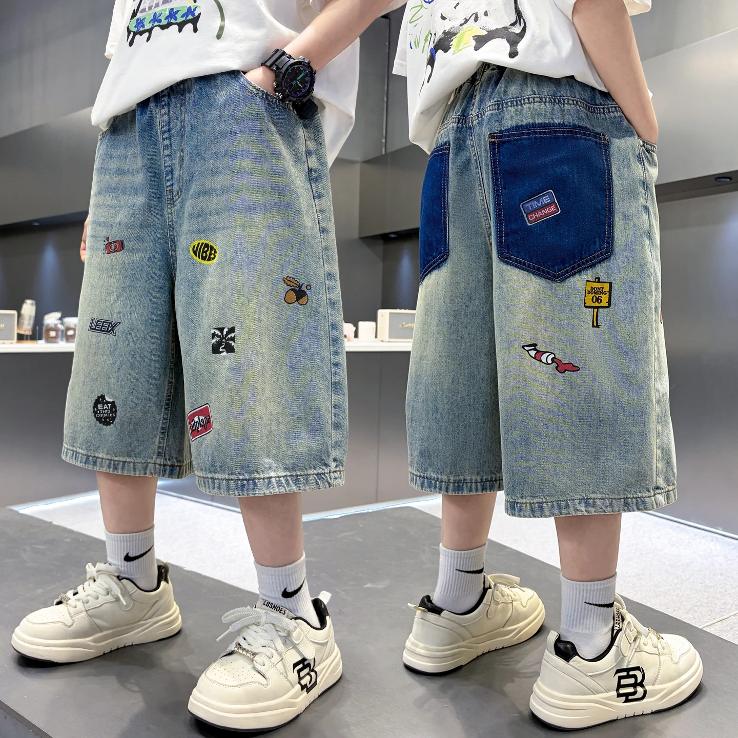 Teenage Boys Summer Denim Shorts Printed Mid-Waist Five-Quarter Length Straight Leg Casual Fashionable Jeans Shorts