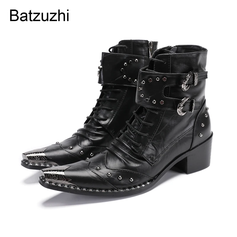 

Batzuzhi Punk Handmade Men's Leather Ankle Boots Pointed Toe Black Motorcycle Dress Boots Shoes Height Increased!