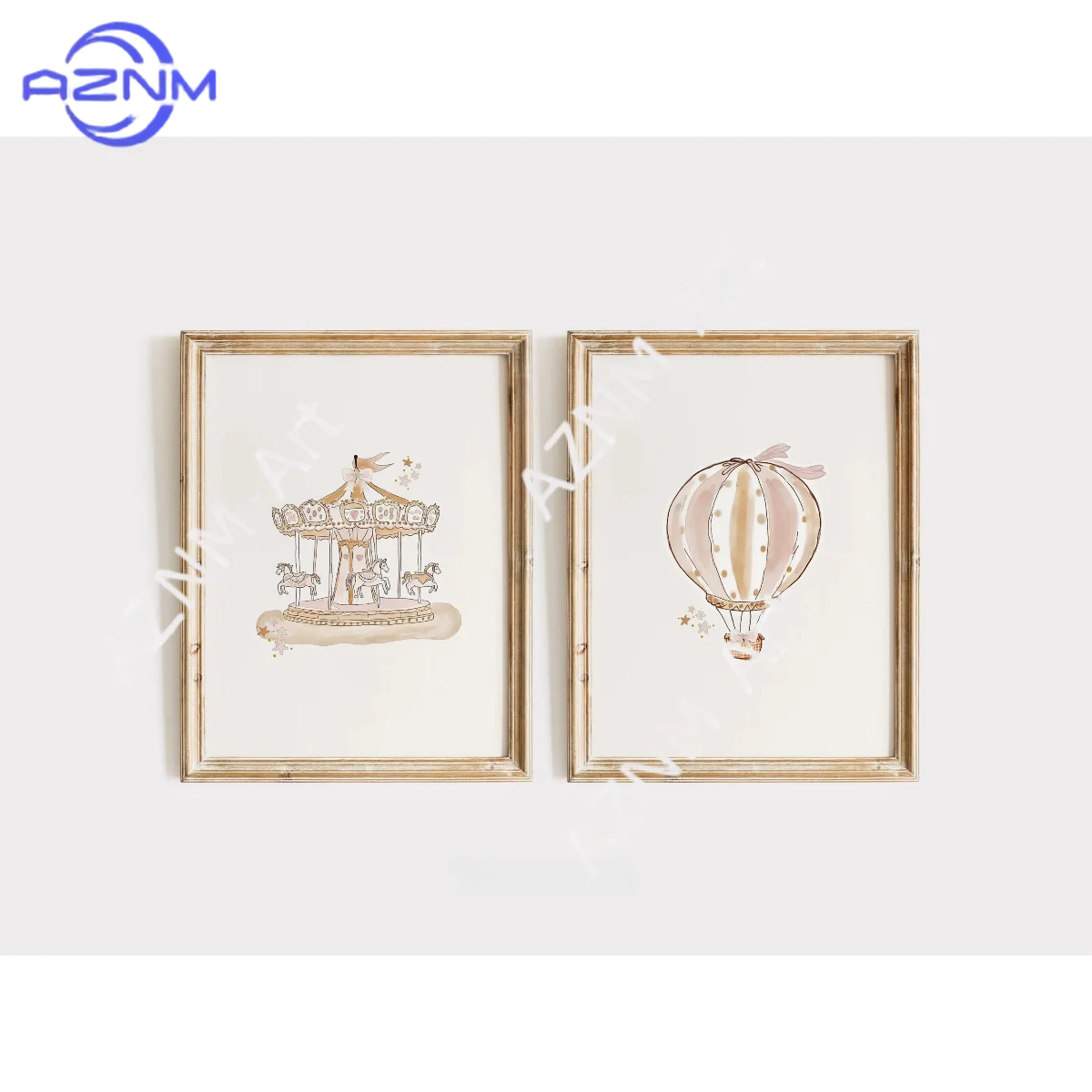 1/2Pcs Vintage Carousel and Hot Air Balloon Wall Art Set for Nursery, Pink Carnival Watercolor Girl Room Decor, Girl Nursery