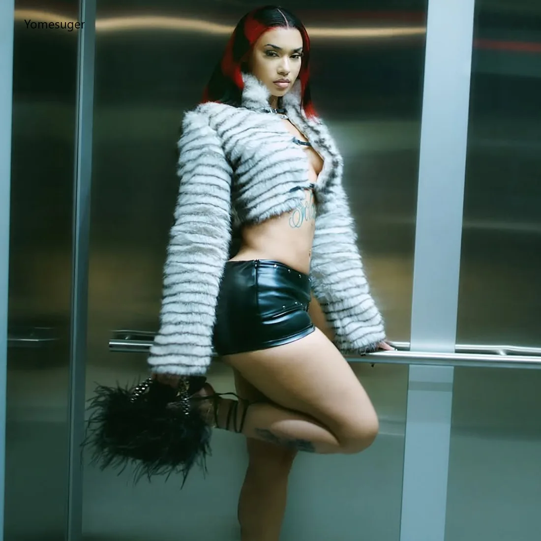 Yomesugar موضة المحاصيل سترة امرأة الخريف الاتجاه مثير فروي كم كامل حزام مشبك معدني سترة دافئة ملابس خارجية الشارع الشهير #3