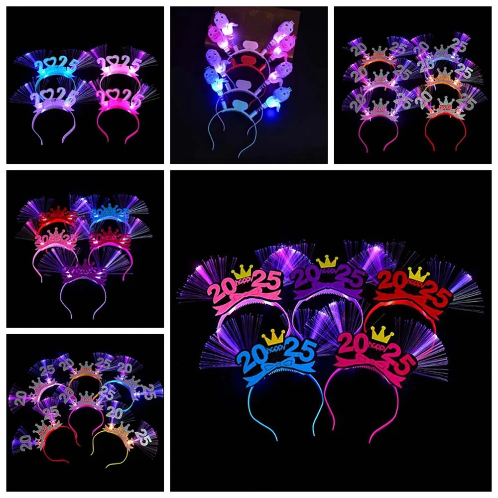 LED Glow 2025 Happy New Year Headband Number Letter Snake Shape LED Glow Hair Bands Photographic Headwear Colorful