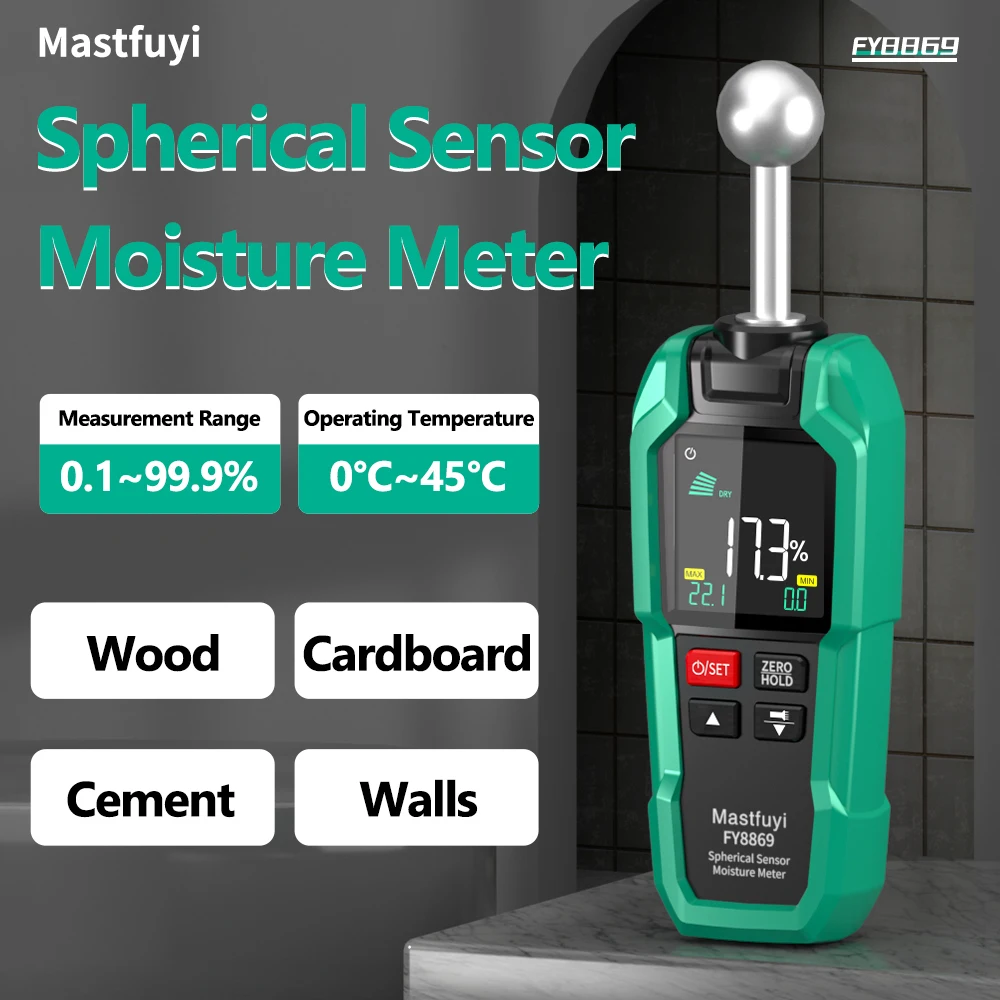 MASTFUYI Moisture Meter Non Destructive Spherical Sensor, 40mm Deep Detection TFT Display for Wood, Concrete and Multi Materials
