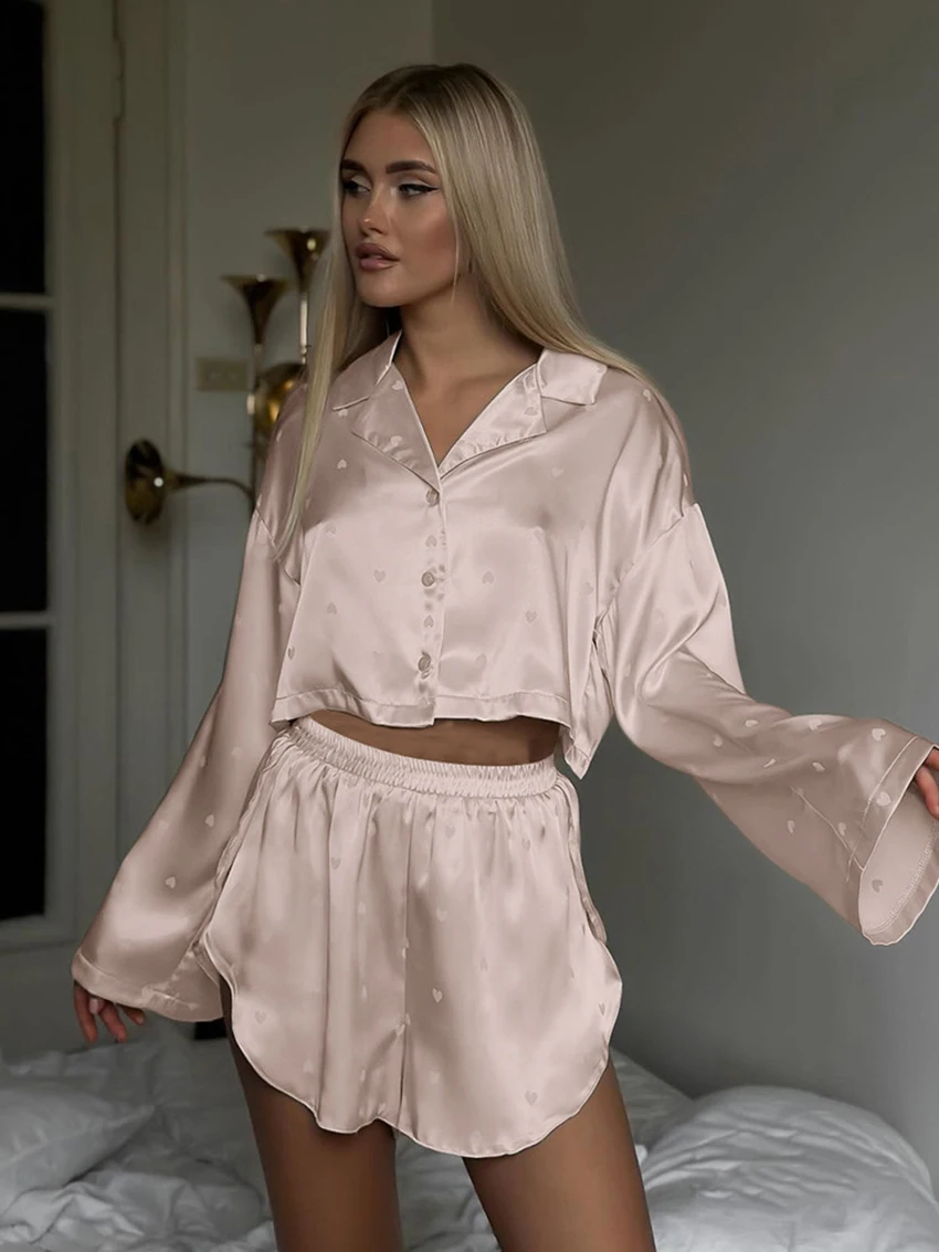 Marthaqiqi Casual Ladies Sleepwear Set Long Sleeve Pajama Crop Top Nightwear Turn-Down Collar Nightgown Shorts Women Nightie Set