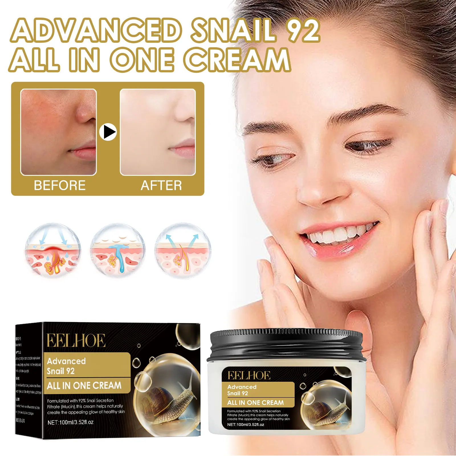 

Snail 92% Face Repair Cream Reduce Acne Marks Blemishes Appearance Brightening Compact Improve Skin Texture Glow Face Moisturize