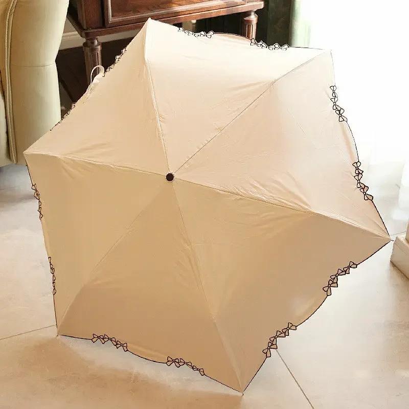 Floating feather off-white parasol opaque sunscreen rubber umbrella Lolita vintage embroidered bow sunny umbrella