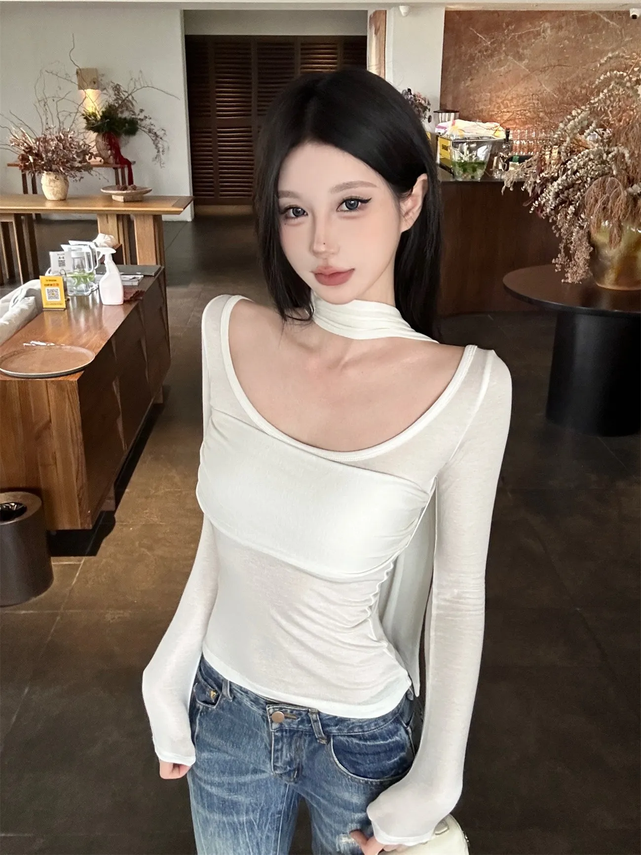 

Soft Knitted Ne Hanging Scarf One-Piece Long Sve Base Layer T-irt Pure Desire Top for Women Commute Sle Moisture Wic...