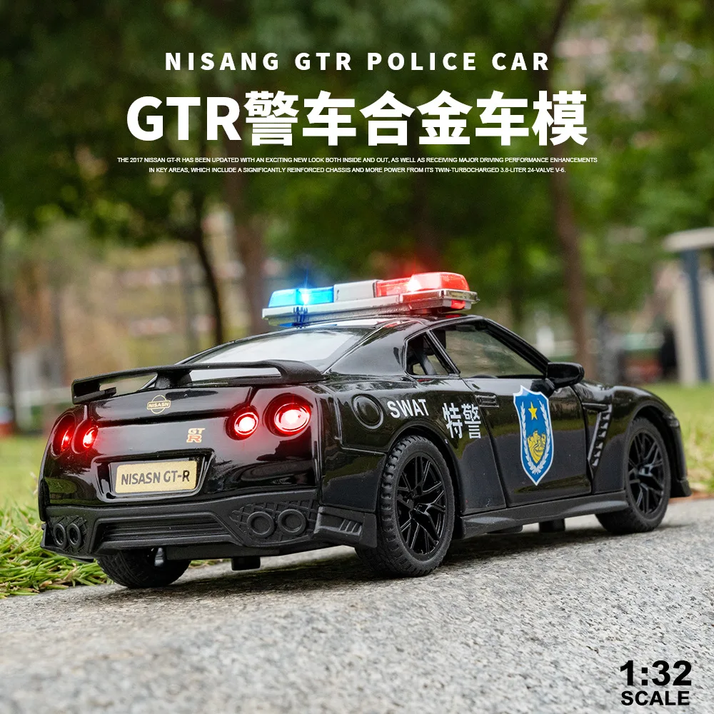 

1:32 Nissan GTR Police Car High Simulation Diecast Metal Alloy Model Car Sound Light Pull Back Collection Kids Toy Gifts