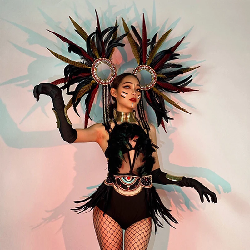 Luxury Singer Outfit Nightclub Bar Gogo Dancer Performance Costume Feather body Rave Outfit Clubwear