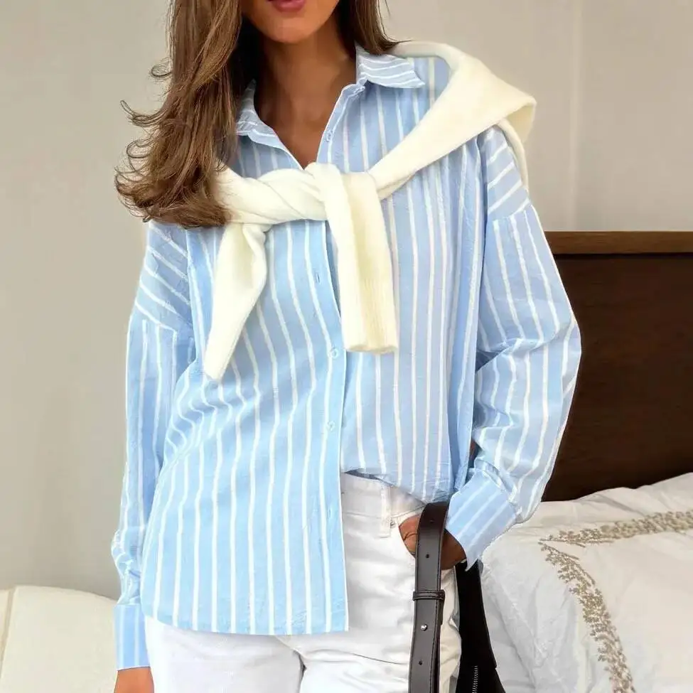 

Women's Long Sleeve Striped Shirts Cardigan 2025 Autumn New Casual Shirt Style Outerwear