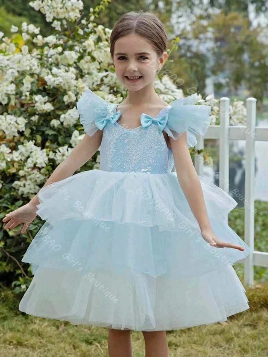 

Light Blue Flower Girl Dress Toddlers Sequins Tiered Tulle Princess Pageant Dress with Detachable Train Custom Party Ball Gown