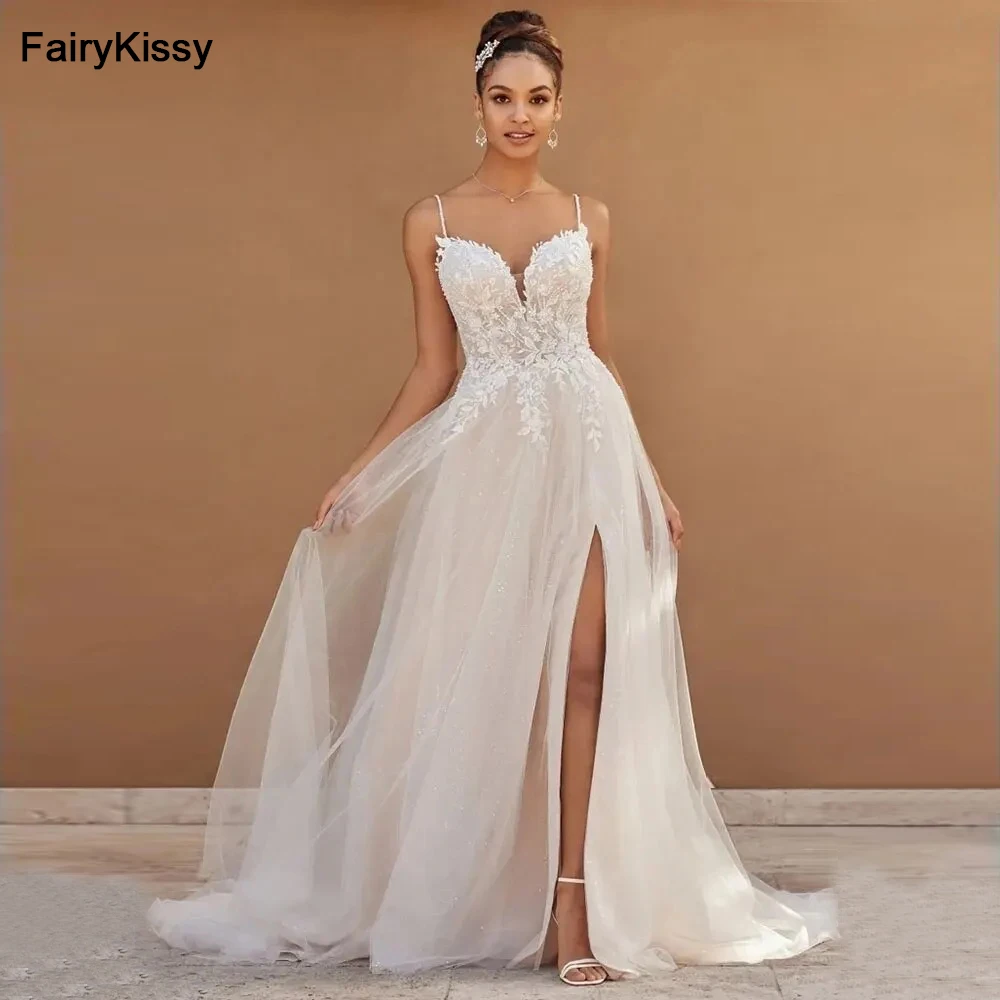 FairyKissy Boho Elegant Wedding Dresses For Women 2024 Sweetheart A-line Tulle Lace Appliques Backless Split Vestidos De Novia