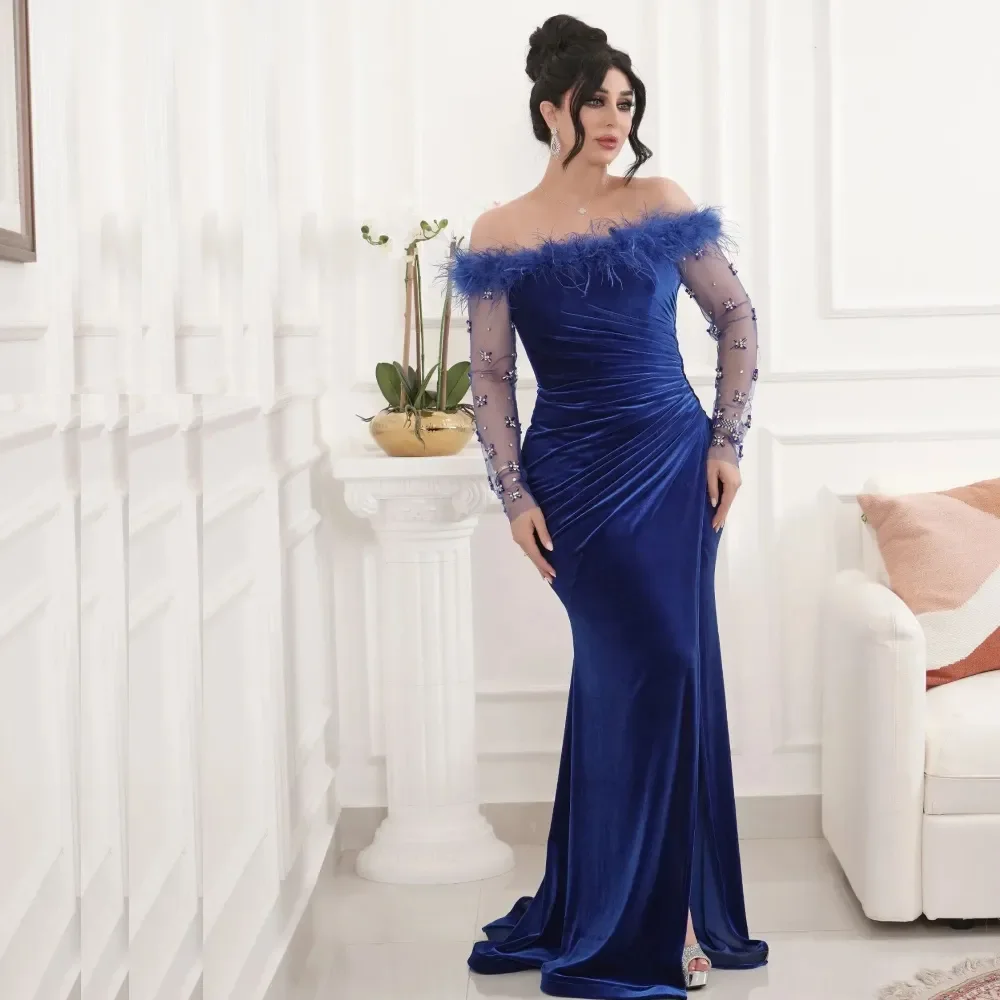 Luxurious sexy off-the-shoulder mermaid Feather Ball Gown Long Sleeve Crystal beaded formal party Special Occasion Evening dress