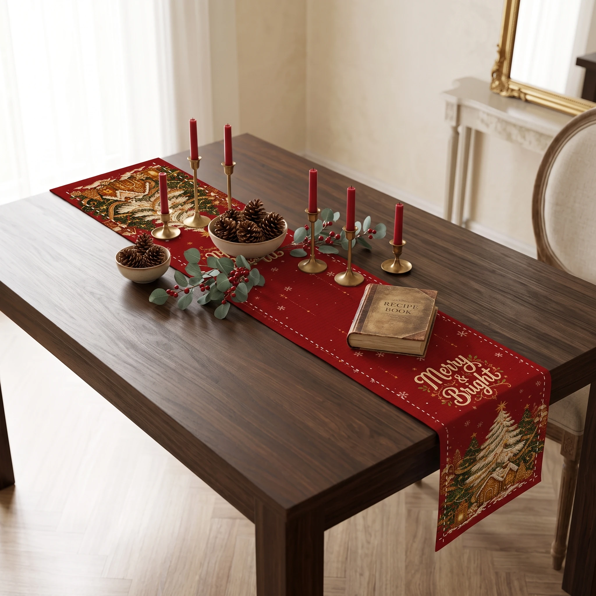 Dining Table Runner Festive Lettering Christmas Tree Table Runner Merry & Bright Table Runner Snowflake Print For Dining Room