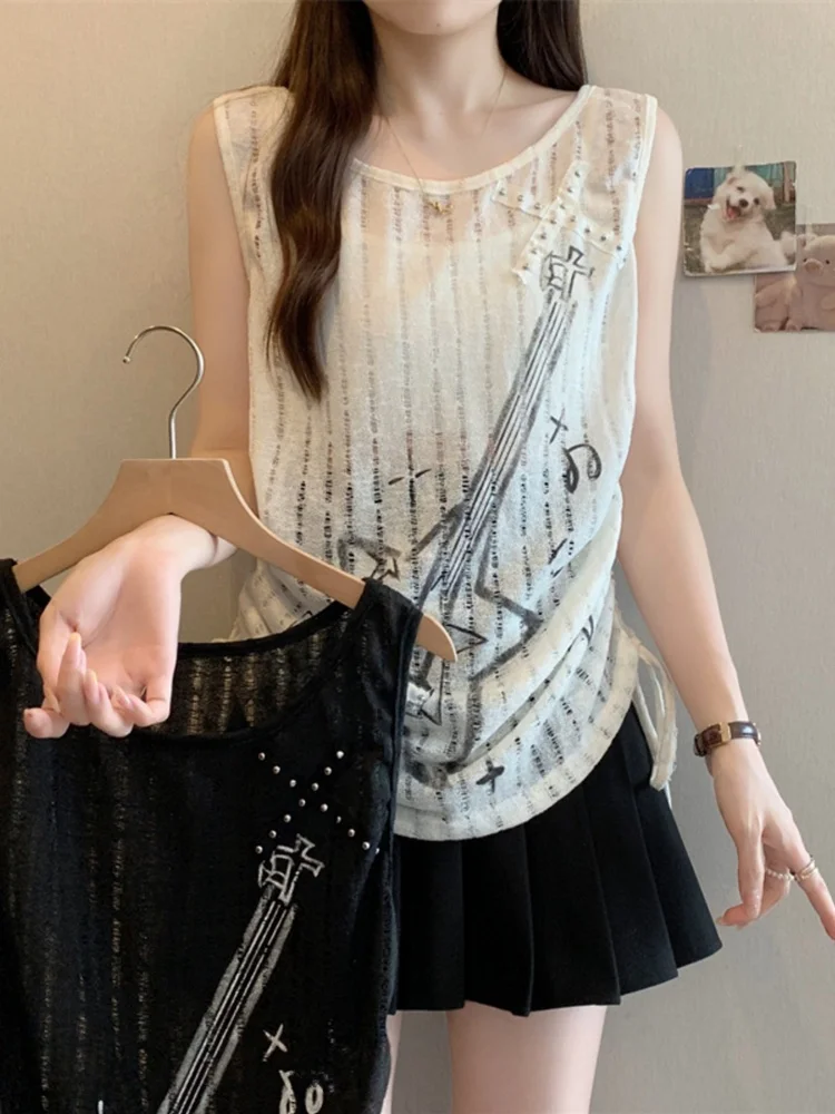 

Европейский жилет с открытыми ремнями, женский летний тонкий новый дизайн, верхняя одежда без рукавов, модный свободный крой с принтом