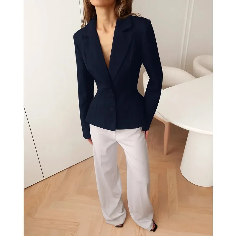 

Новая женская куртка-блейзер весна-осень 2026 с отложным воротником, длинными рукавами, приталенная, элегантная, для офиса, с подплечниками