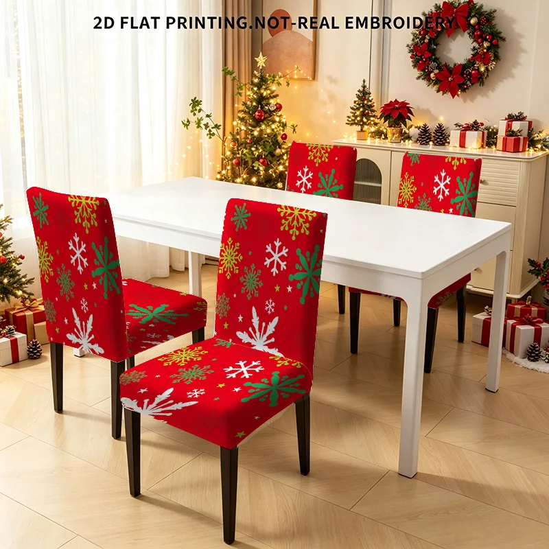 Christmas Snowflake Pattern Elastic Dining Chair Covers, 2/4/6 PCS 2D Flat Printed Christmas Party Decoration Chair Covers