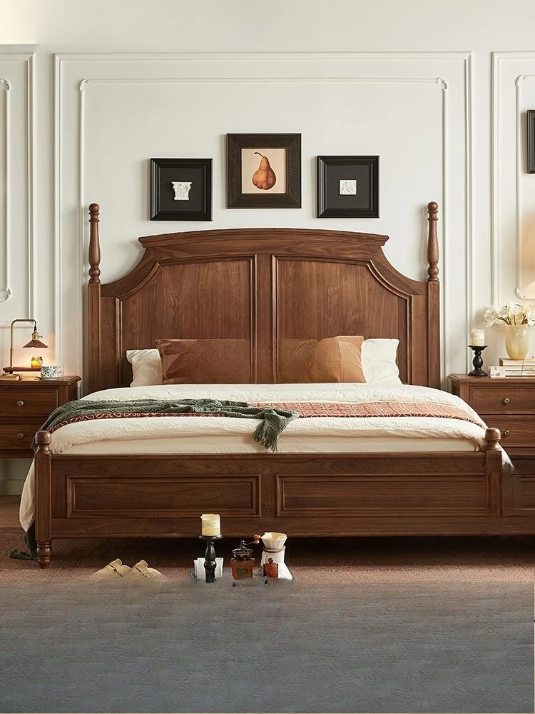 American solid wood bed, simple, retro double bed, French bedroom medieval