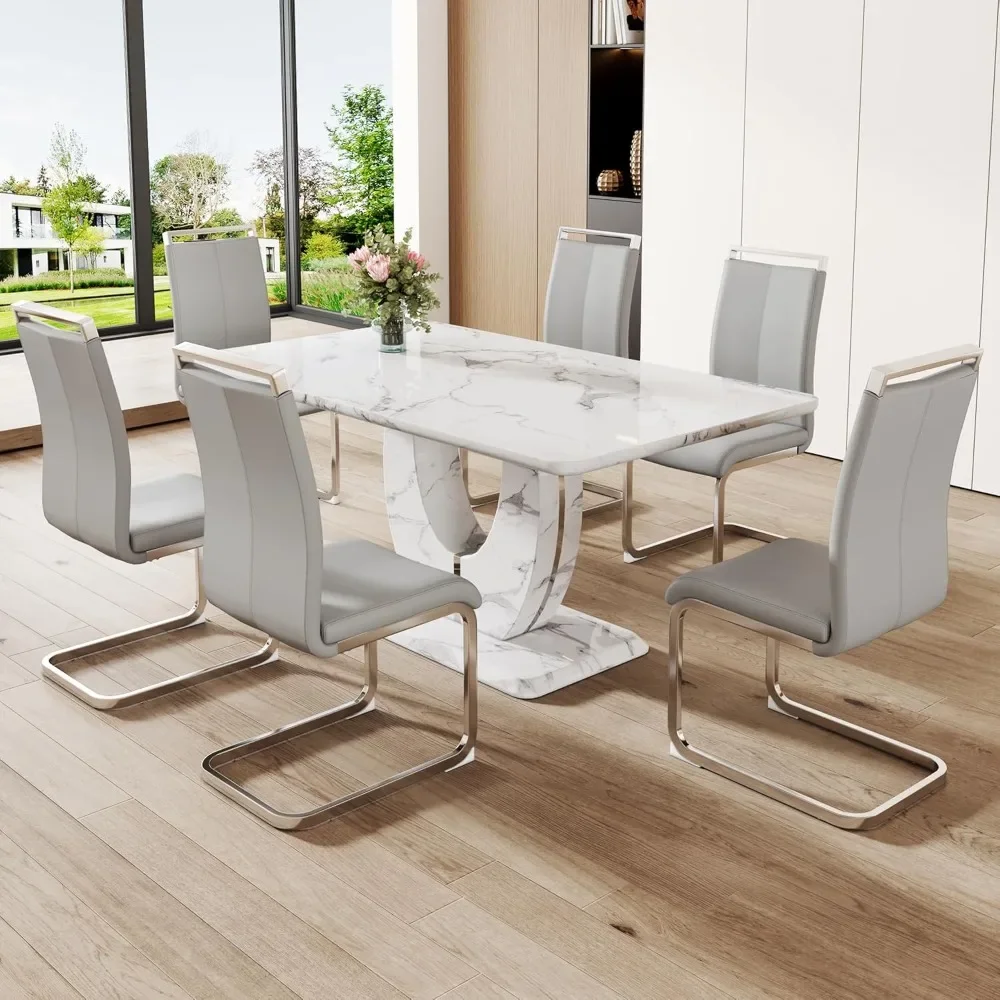 

Modern white imitation marble dining table set, rectangular dining table and chairs, and 6 PU leather cushioned chairs