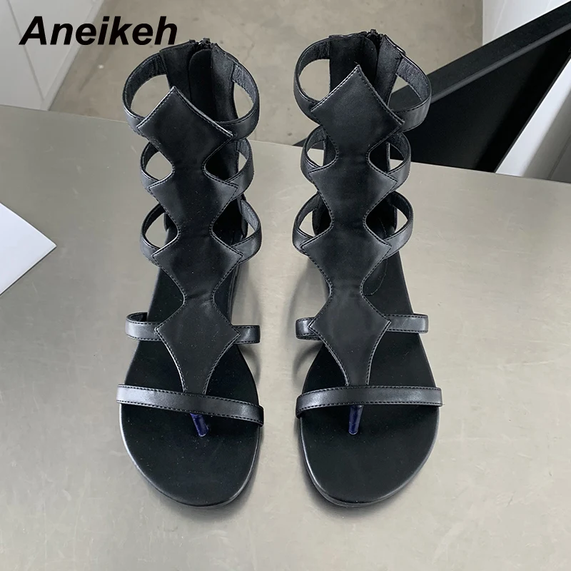 Aneikeh Women\'s Shoes 2024 New Rome Fashion Thong Solid Flat with Sewing Leisure Sandal Striped Ankle-Wrap Hollow out Classics