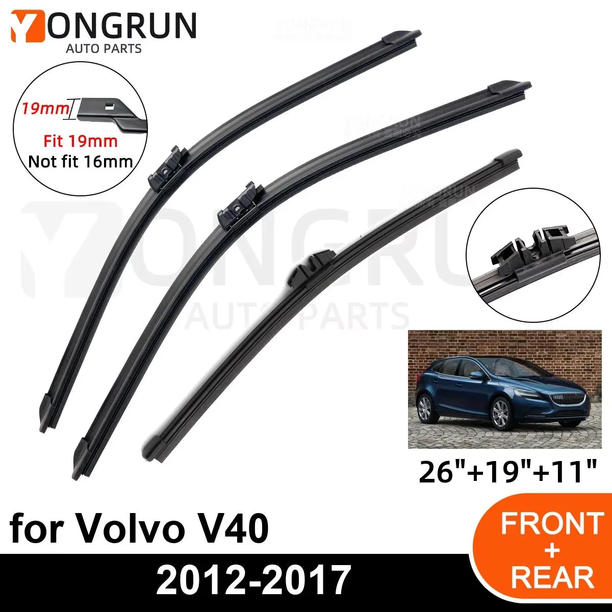 YONGRUN Auto-Scheibenwischer-Set vorne und hinten, geeignet für Volvo V40 2012–2017, Windschutzscheibe vorne und hinten, langlebiges Zubehör für vier Jahreszeiten