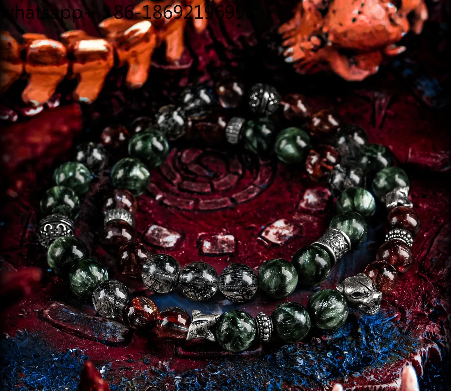 [Roar] Dark Niche Green Dragon Crystal Bracelet Men's Red Glue Flower Crystal Black Hair Crystal