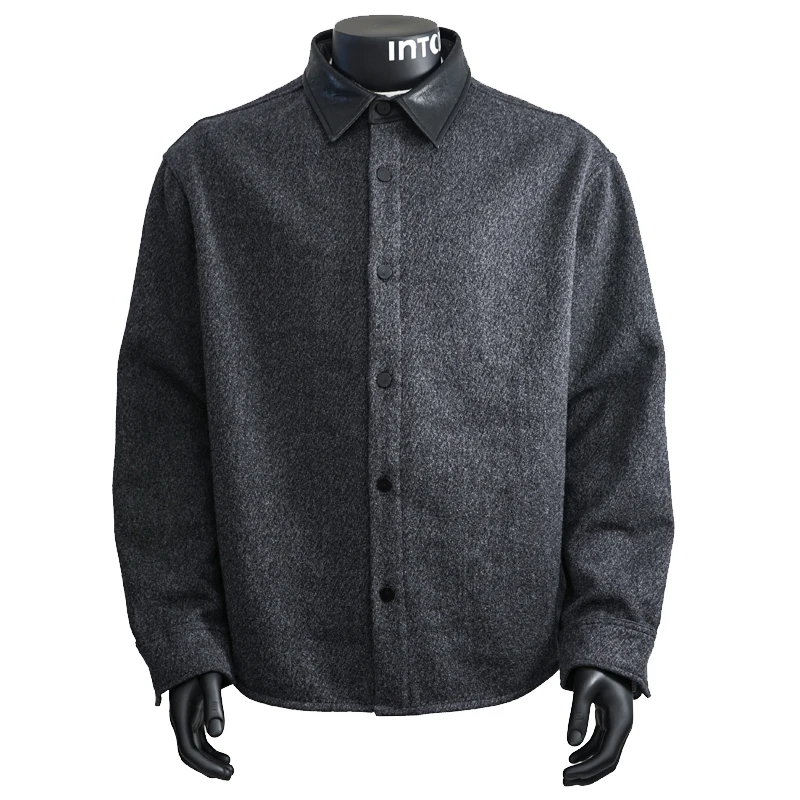 

Мужская модная винтажная рубашка с кожаным воротником и длинным рукавом, свободная повседневная шерстяная утепленная куртка-рубашка, мужская уличная одежда, блузки, пальто