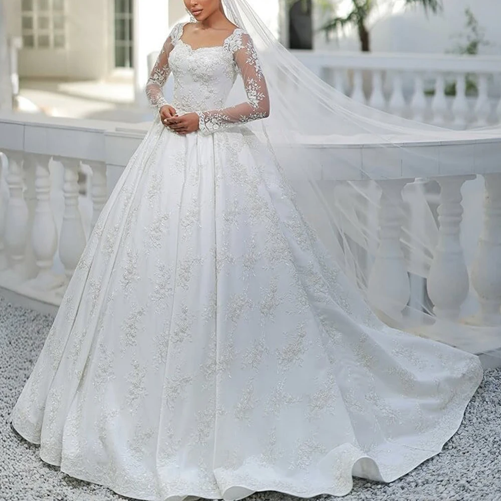 

Элегантное кружевное свадебное платье с вышивкой по индивидуальному заказу, с квадратным вырезом и длинными рукавами, арабское платье невесты в Дубае, белое платье принцессы Gelinlik