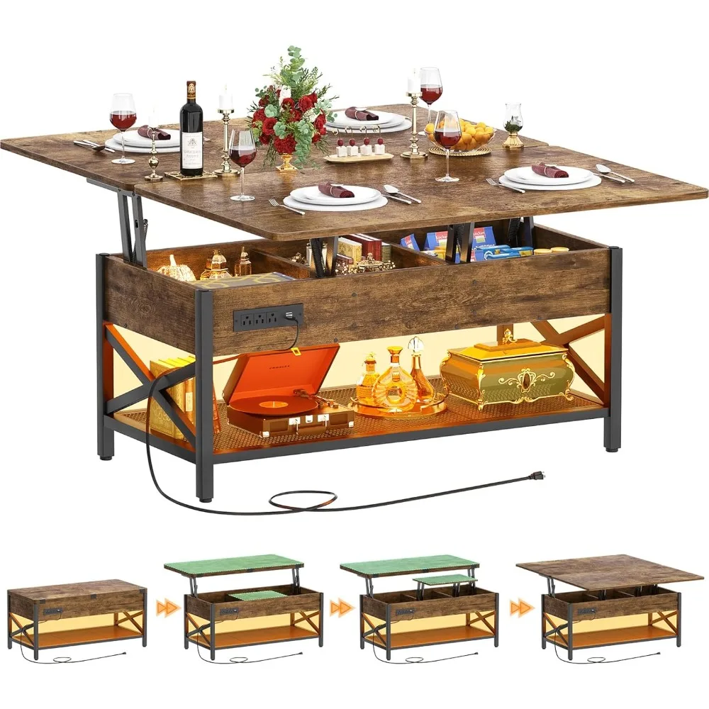 

Coffee Table Lift Top with LED Light and Power Outlet, Multi-Function Coffee Table Converts to Dining Table, Center Tab