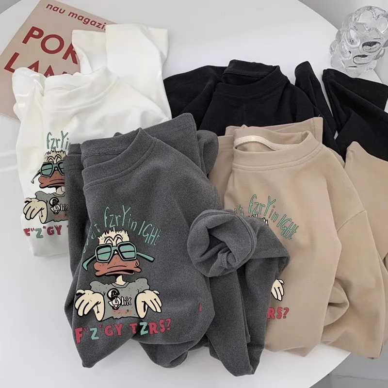 Cartoon Print Fleece Lined Long Sleeve T-Shirt Women's Loose Fit Base Layer Shirt Korean Style Commute Fashion Winter Top