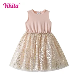 VIKITA Girls Sleeveless Summer Dress Kids Patchwork Princess Birthday Party Daily Casual Pink Elegant Dresses Children Clothing