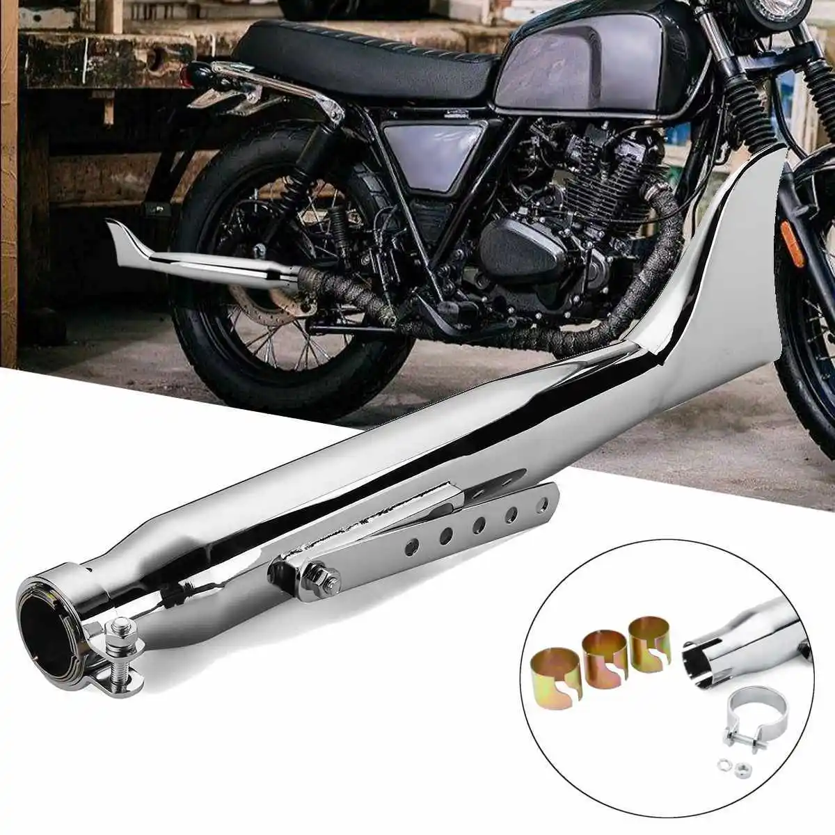 Universal Motorcycle Cafe Racer Mufflers Silencer Pipe Motorbike Exhaust Sliding Bracket Matte System Black / Silver