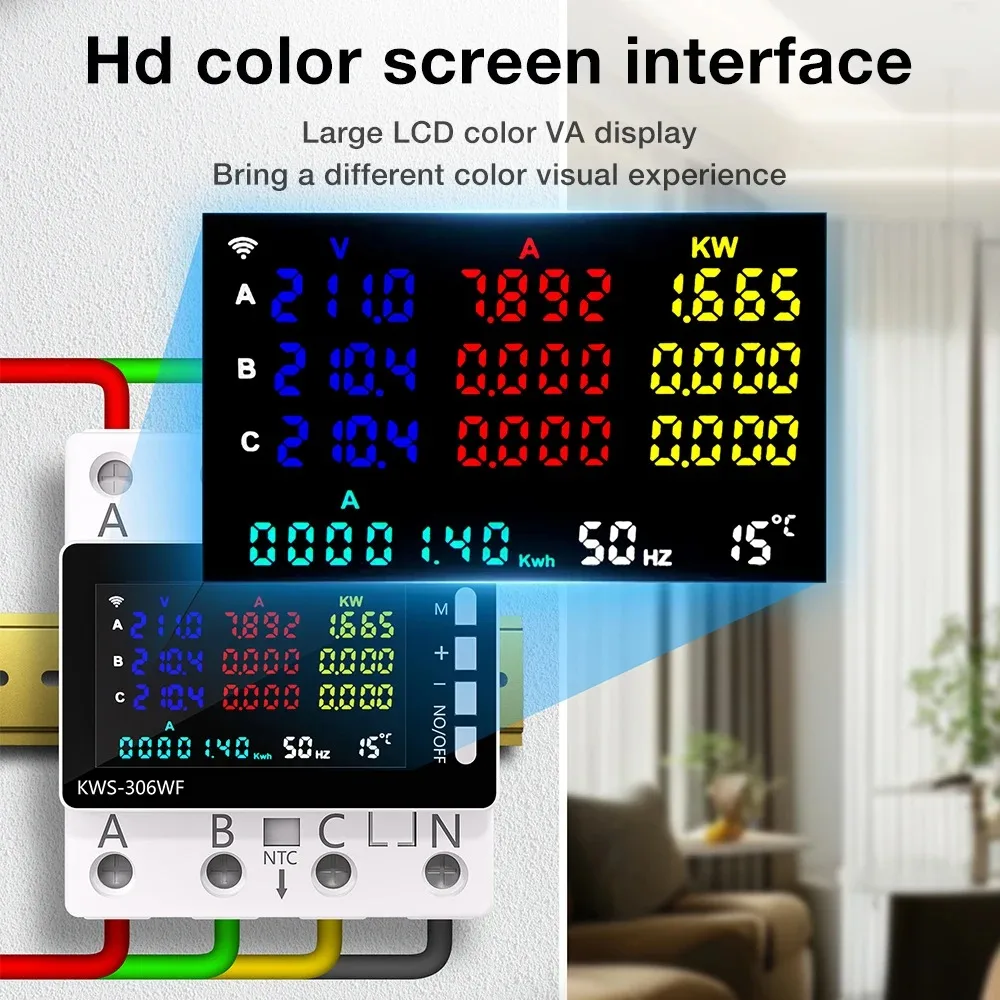 85-290V WiFi Power Meter KWS-306WF Digital Energy Tester Current Voltage Protector Relay Switch Color Screen 3P Guide Rail Table