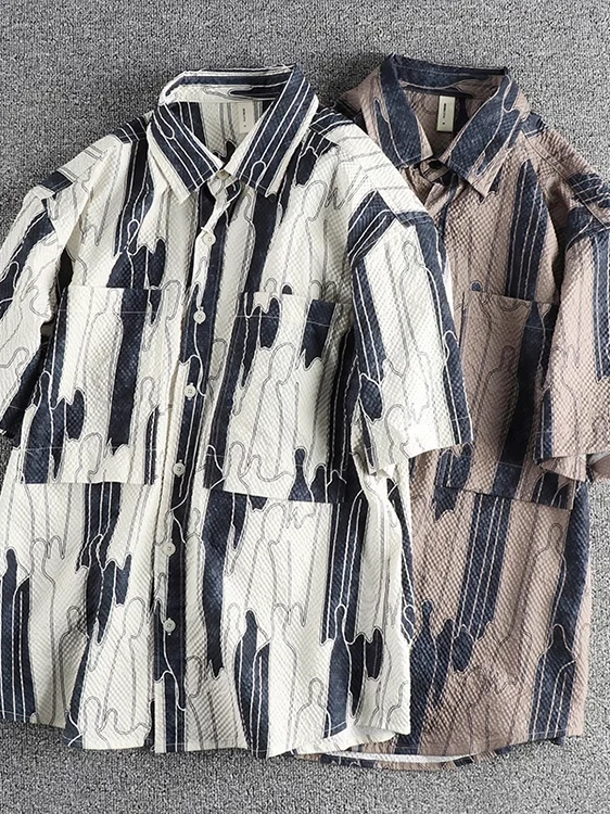 

Summer 2025 Men's Fashionable Casual Short Sleeve Striped Shirt Versatile Standard Fit Polyester Fiber No Iron Required