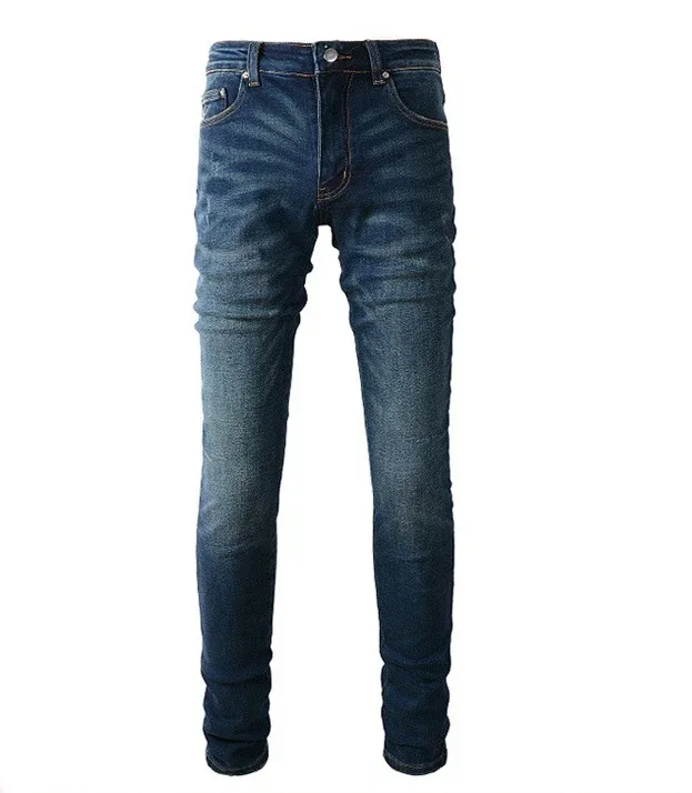 Denim Pencil Pants Men Washed Straight Jeans Mid Waist 2024 Casual Basics Ankle Length Trousers Vintage Skinny Folds Denims