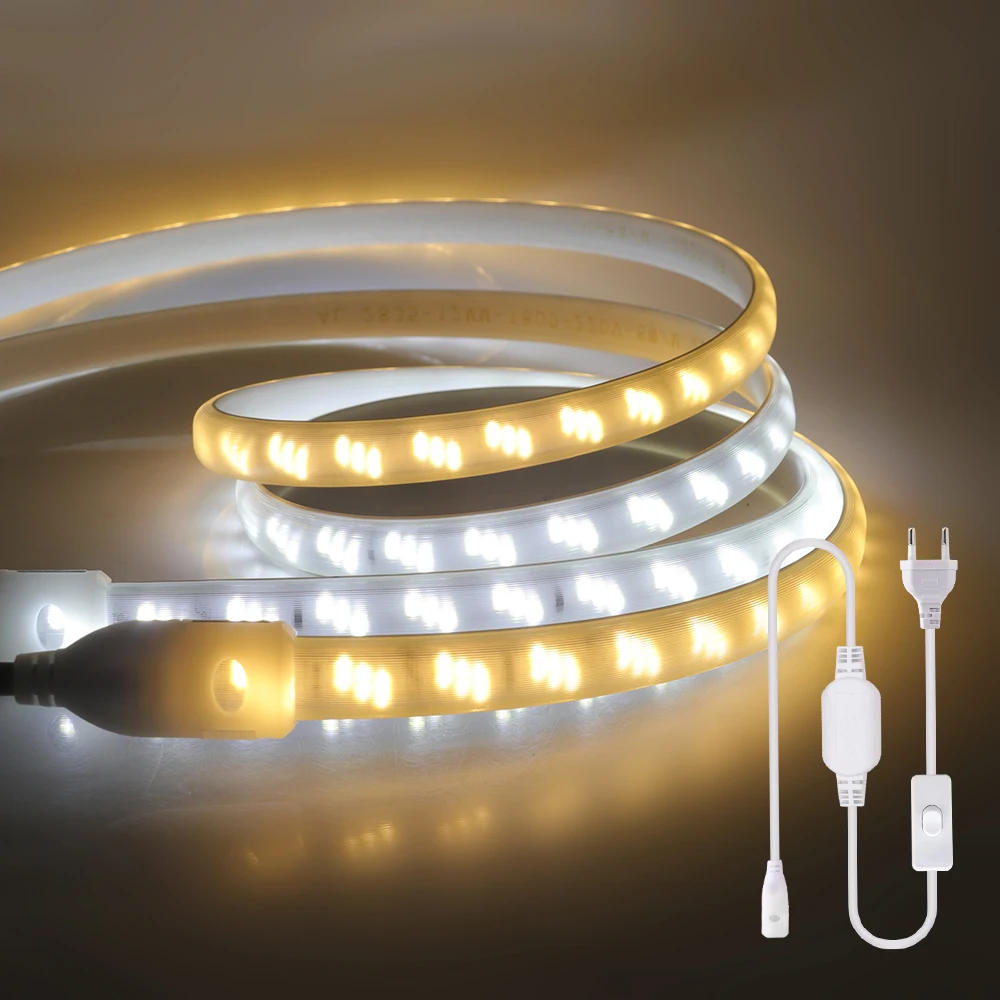 

220V LED Strip Light Switch ON/OFF EU Plug 2835 180Leds/M Waterproof Flexible Lamp Home Room Kitchen Lighting Warm Natural White