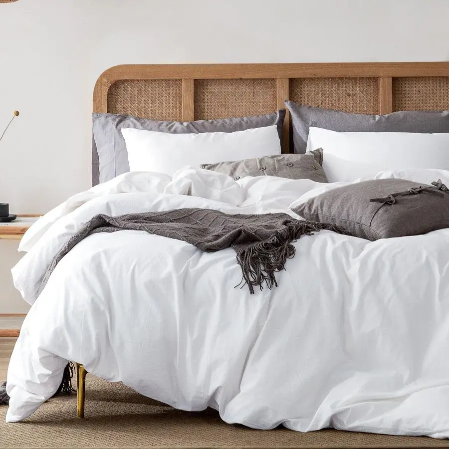

Duvet Cover Queen Size, 100 Washed Cotton Linen Feel Super Soft Comfortable, 3Piece White Duvet Cover Bedding Set, LongLasting a