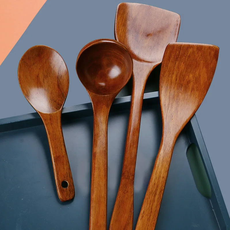 Wooden kitchen utensils set non-stick cooking spatula spoon long handle