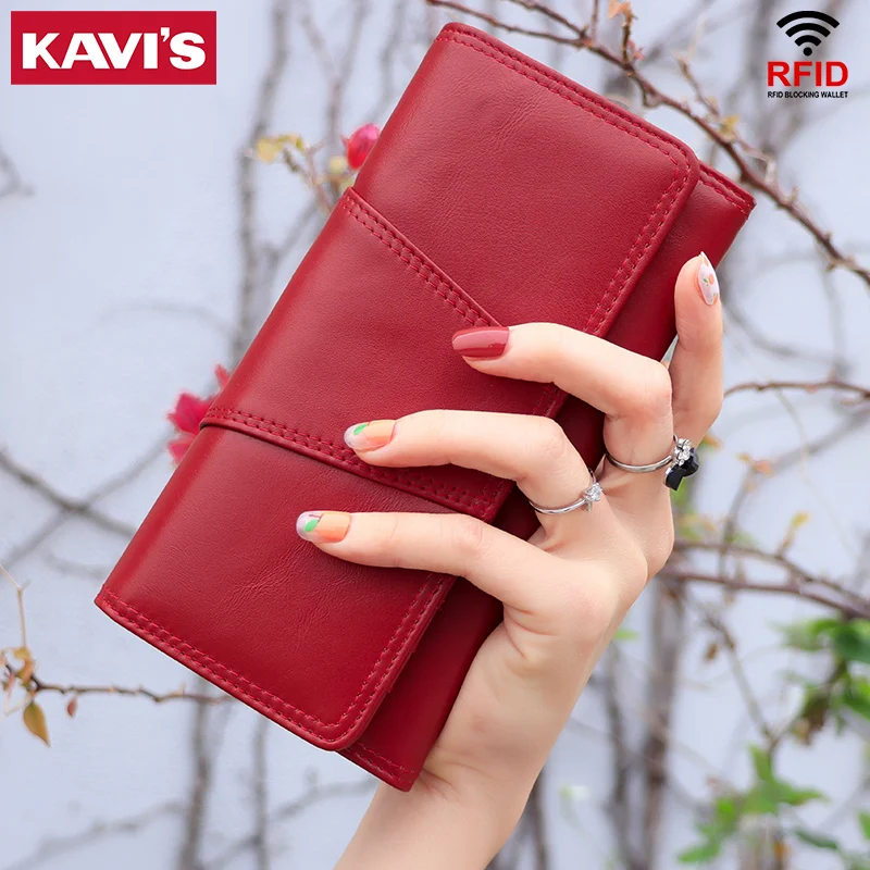 KAVIS Women's Wallet Top Layer Leather Long Clutch Money Wallets RFID Blocking Handbag for Card Cell Phone Holder Portemonnee