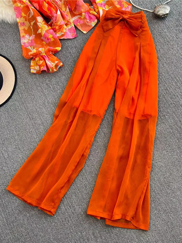 Spring Autumn Casual Women 2Pcs Set Elegant V-Neck Ruffle Long Sleeve Tops+High Waist Wide Leg Pants Two Piece Suit New Fashion